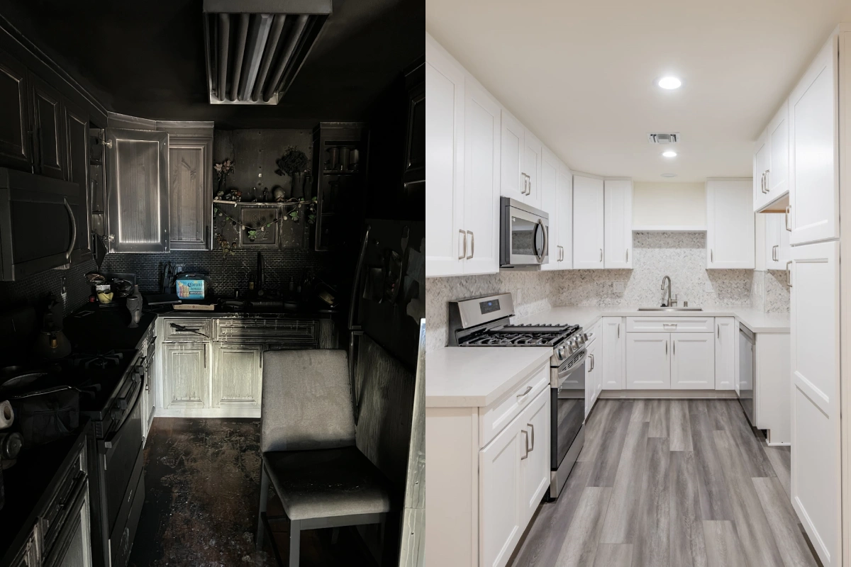 Kitchen fire damage repair before and after restoration